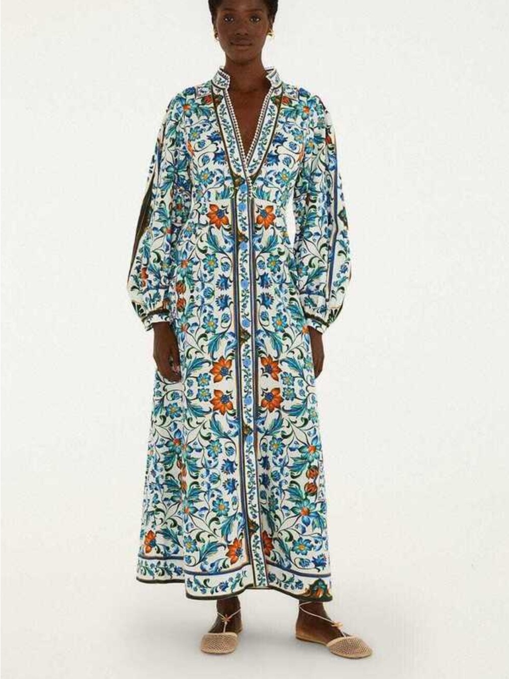 FARM Rio White Maxi Dress with Blue & Orange Floral Print